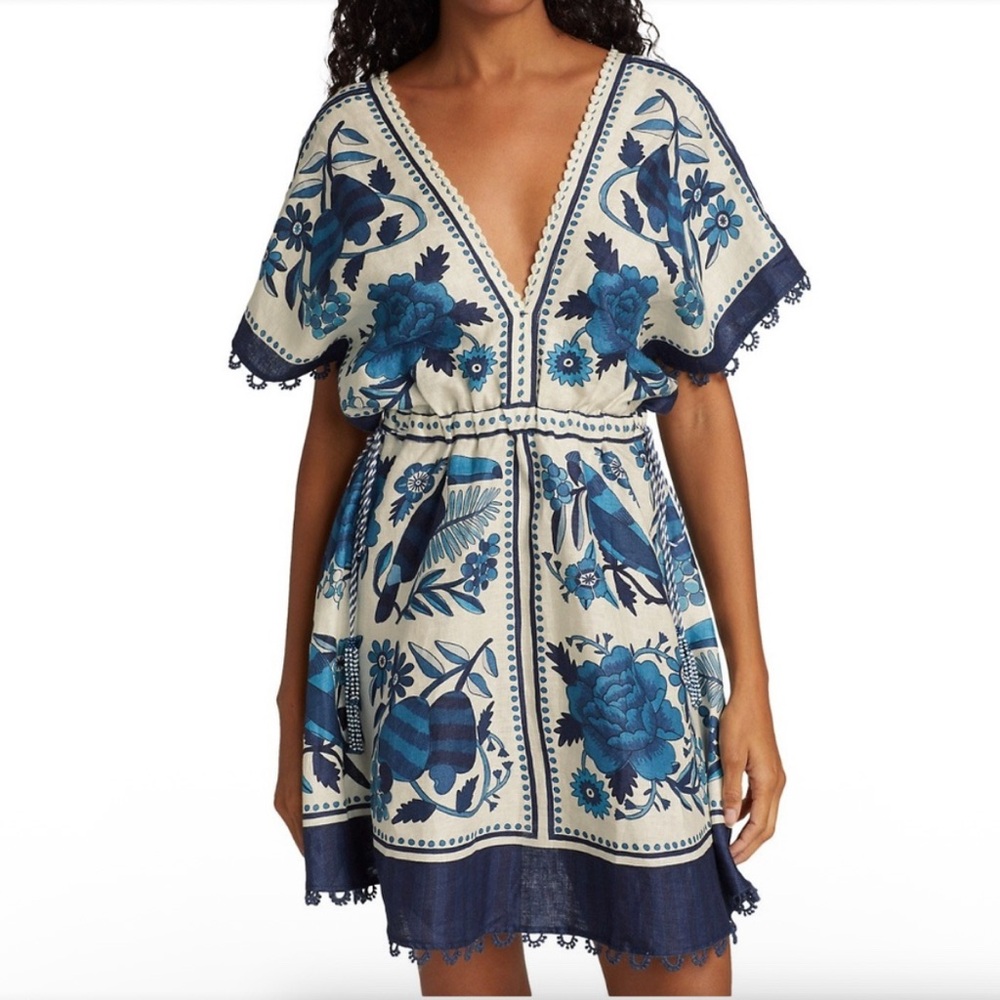 FARM RIO Tropical Tiles Blue White Mini Dress Size Large L M XL Greece Santorini